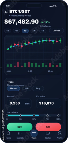 A mobile phone displaying a cryptocurrency trading application with a