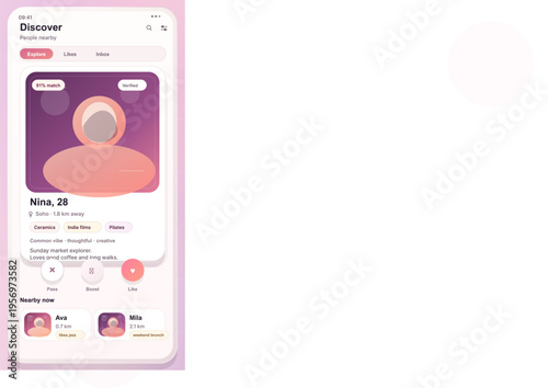 A digital illustration of a mobile dating app interface titled