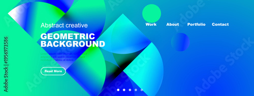 Abstract website header. Vibrant blue, turquoise gradients dominate design. Text promotes geometric background, includes navigation options.