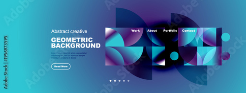 Abstract geometric background design. Blue, purple hues dominate. Navigation menu present, text details visible. Modern aesthetic.
