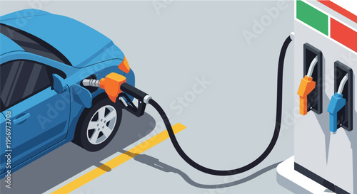 A blue car is being refueled at a gas station with a fuel pump nozzle inserted into its tank, illustrating the process of filling up a vehicle.