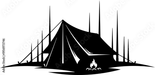 Vector illustration of a black tent with campfire