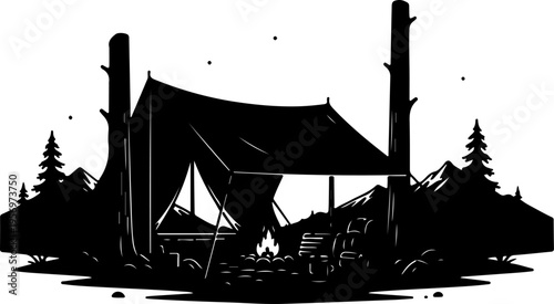 Vector illustration of a camping scene with tent and campfire