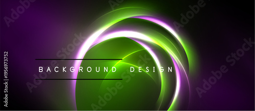 Abstract neon circles over dark purple, green gradient. Text reads background design. Modern, vibrant visual element.
