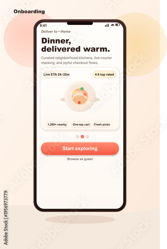 A professional vector illustration of a mobile app onboarding screen