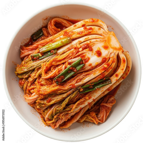A bowl of spicy fermented napa cabbage kimchi isolated on transparent background