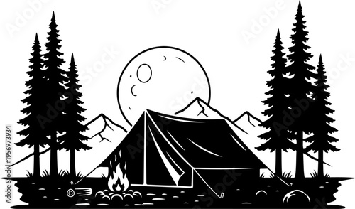 Vector illustration of camping scene with tent, trees, mountains and moon