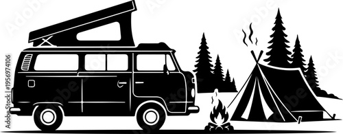 Vector illustration of camper van and tent in forest