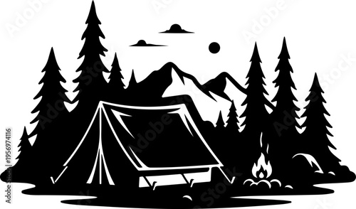 Vector camping tent icon with mountain and forest landscape