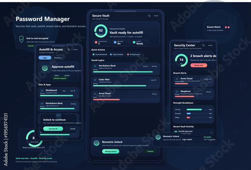 A dark mode mobile application interface for a password manager