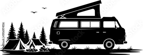 Vector silhouette of camper van with tent and trees