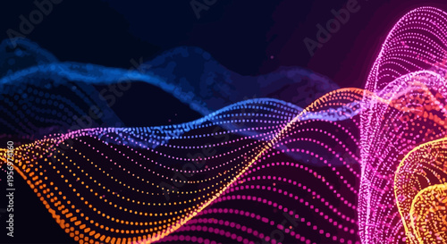 Dynamic abstract digital waves of glowing particles creating a futuristic colorful sound or data visualization backdrop, perfect for technology concepts and energy flows