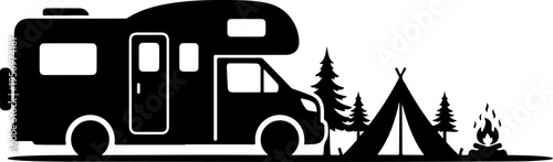 Vector illustration of camper van and tent for camping