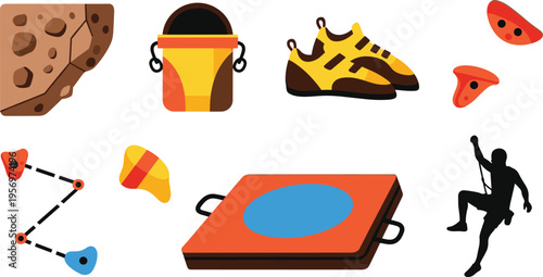 Rock Climbing Equipment Icon Set with Climbing Shoes Harness Rope Holds Chalk Bag Crash Pad and Climber Silhouette Vector Illustration Isolated on White