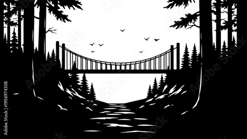 Black silhouette suspension bridge vector illustration