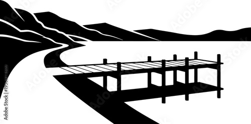 Black and white vector illustration of a dock on a lake
