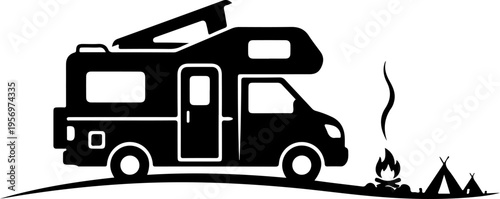 Vector silhouette of camper van with campfire and tent