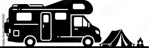 Vector illustration of camper van and tent for camping