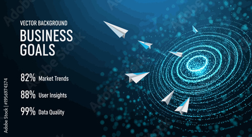 Vector Background Illustrating Business Goals with Paper Airplanes Targeting a Circular Digital Network