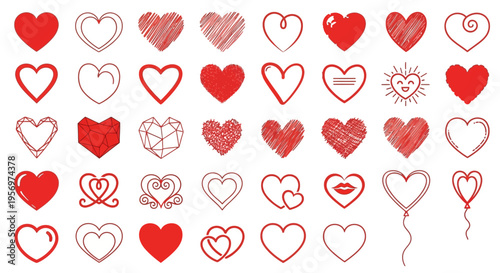 A charming collection of hand-drawn red heart illustrations, showcasing diverse styles and designs for Valentine's Day and romantic themes