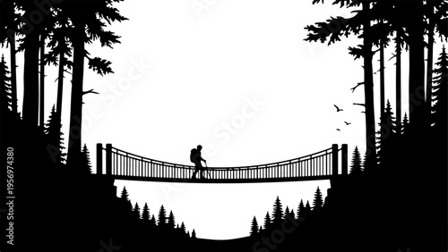 Vector silhouette of person on suspension bridge in forest