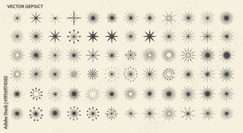 Dynamic Collection of Abstract Starburst and Sunburst Vector Graphic Elements, Featuring Radiant Sparkle, Light Burst, and Geometric Ray Shapes for Design Projects