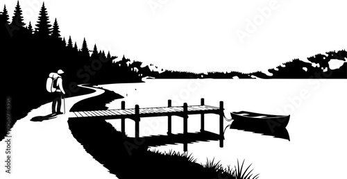 Black silhouette of a person standing by a lake dock vector
