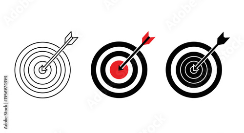 Set of three target icons with arrows in the center, symbolizing achievement and success, with varying styles including outline, color, and simple line art