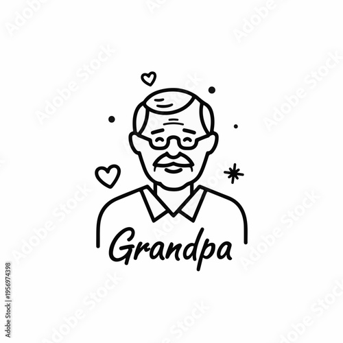 Minimalist Black and White Line Art Vector Illustration of a Grandfather with Glasses and Hearts