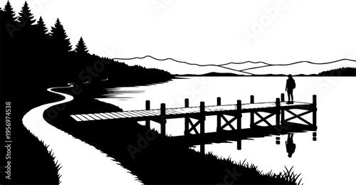 Black silhouette of a man standing on a wooden dock by a lake