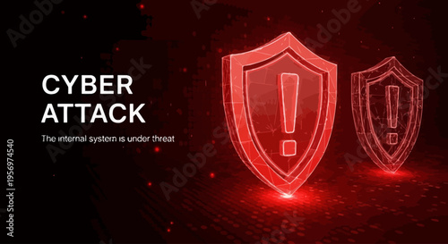 Glowing red shield icons with exclamation marks symbolize a critical cyber attack, digital threat, and system vulnerability requiring immediate security measures