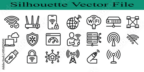 Collection of various technology and internet related line icons on white background