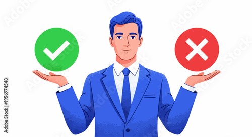 Businessman Weighing Options Making the Right Decision Between Approval and Disapproval with Checkmark and X Symbol