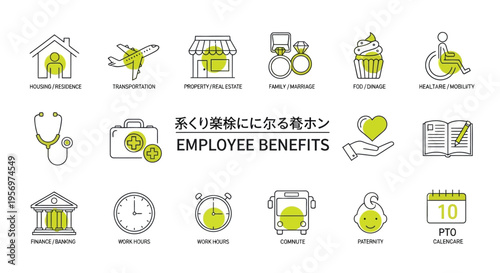 Comprehensive Employee Benefits Icons Set Highlighting Various Perks and Offerings for a Happy Workforce