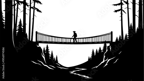 Vector silhouette of person on suspension bridge in forest