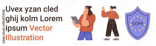 Data security, compliance, privacy management, digital rights, cybersecurity, regulation awareness. Individuals interacting with GDPR concept and shield. Data security and compliance concept