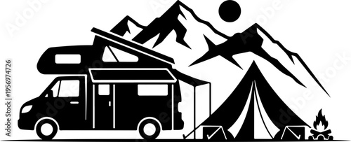 Vector illustration of camper van and tent in mountains