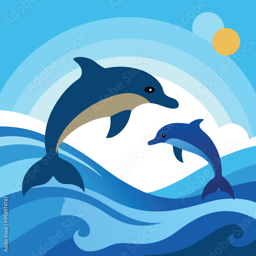 Clean silhouette of two dolphins leaping over waves during sunset, vector art