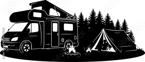 Vector illustration of camper van and tent in forest