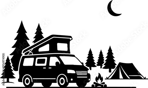 Vector camping van illustration with tent and trees