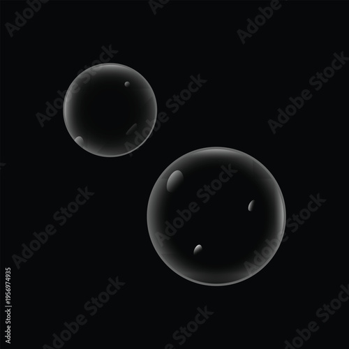 Two realistic soap bubbles floating against a solid black background with subtle light reflections
