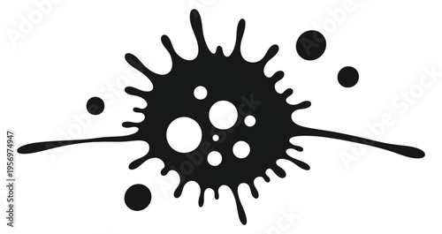 An abstract black ink splatter featuring multiple scattered internal and external dots.