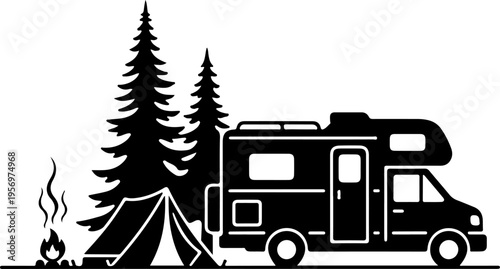 Vector illustration of camper van and tent in forest