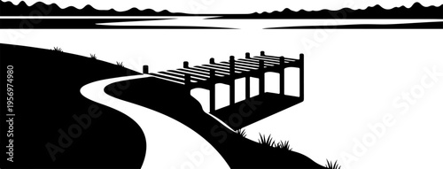 Black silhouette of a wooden dock on a lake vector