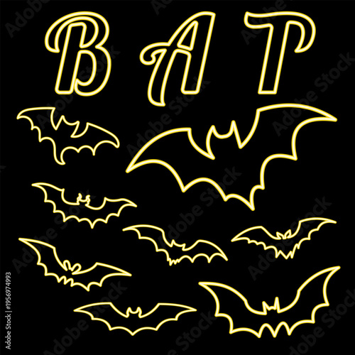 Yellow Bat Neon. Yellow Bat Icon Line Neon. Yellow Bat Neon Signboard Icon. Yellow Bat Neon Icon. Halloween Neon Yellow Bat Outline Icon Isolated on Black Background. Elements for design.