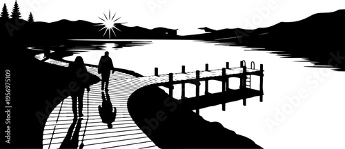 Black silhouette landscape vector with dock and couple