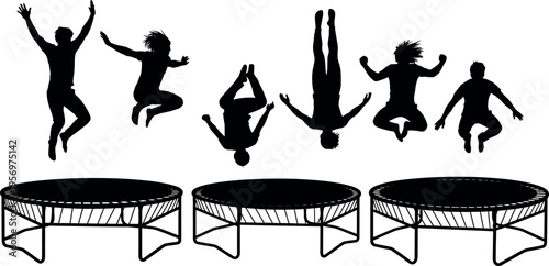 Silhouette of people jumping on trampolines in various poses with three trampolines