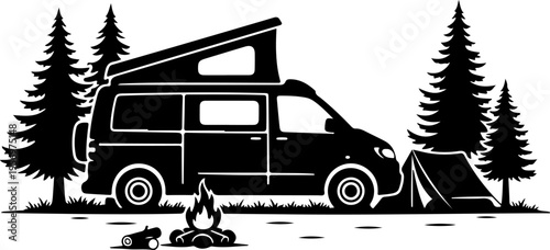 Vector illustration of camper van with campfire and tent in forest