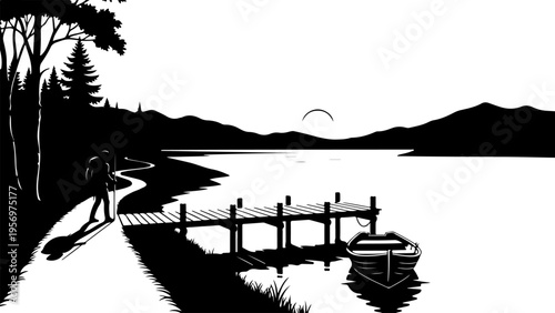 Black silhouette lake landscape vector with dock and mountains