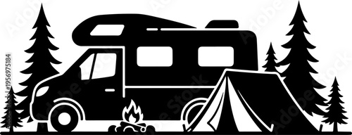 Vector silhouette of camper van and tent in forest